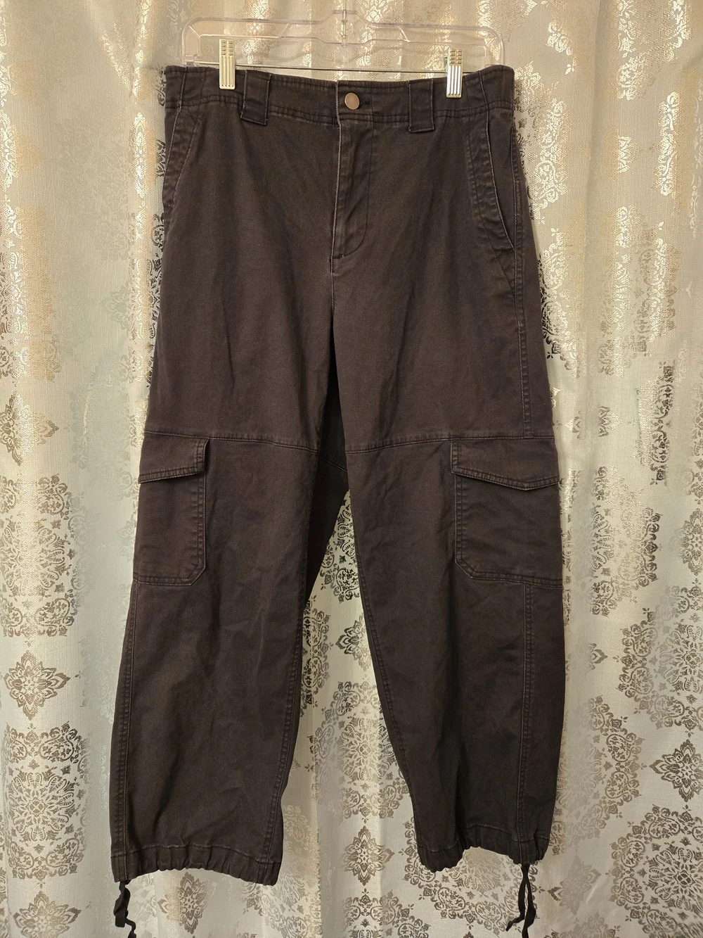 Black Cargo Pants with Drawstring Hem, Size M - Picture 1 of 3